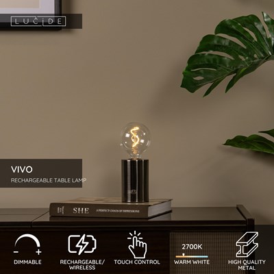 Lucide VIVO - Rechargeable Table lamp - Battery pack - Ø 8 cm - LED Dim. - E27 - 1x1W 2700K - Satin Gun Metal